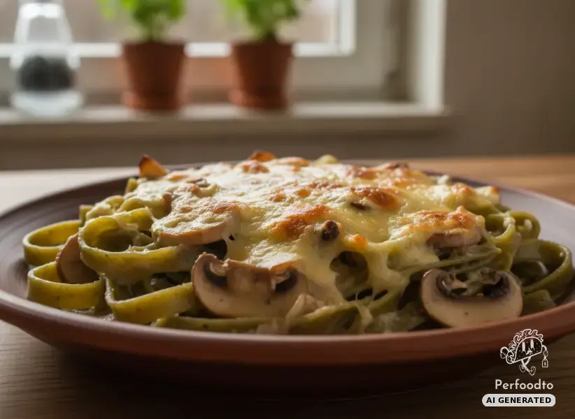 Überbackene Edamame Fettuccine mit Champignons