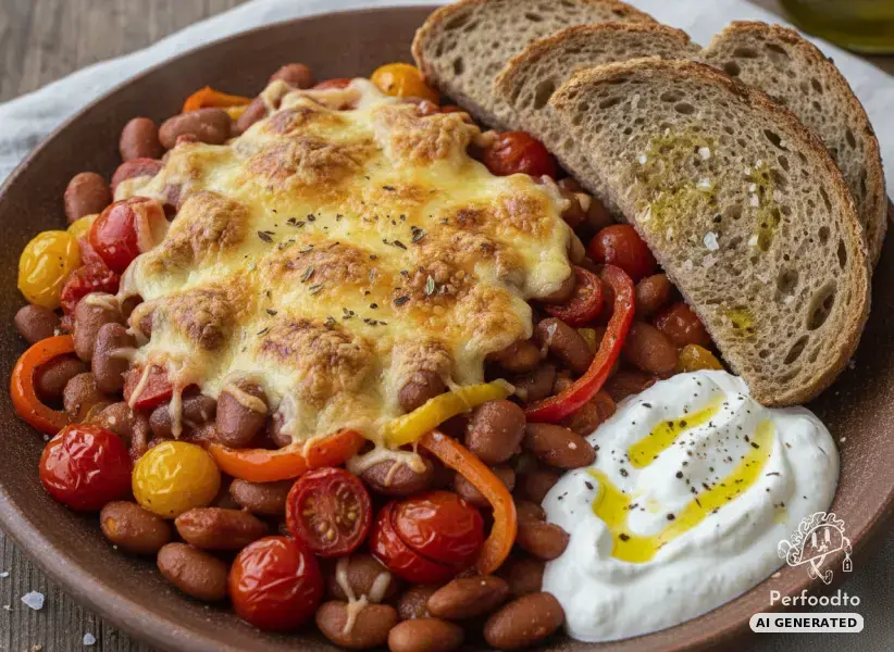 Baked scarlet runner bean skillet with tomatoes and whole grain bread