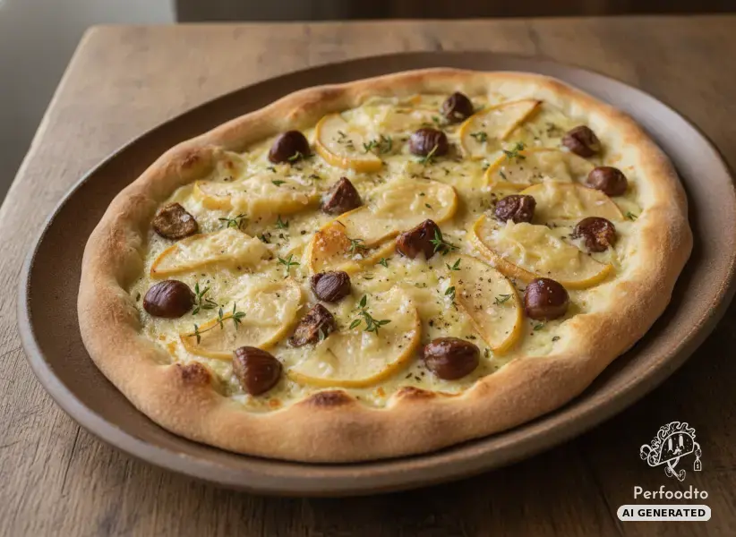 Herbstlicher Flammkuchen mit Edelkastanien, Äpfeln und Bergbaron