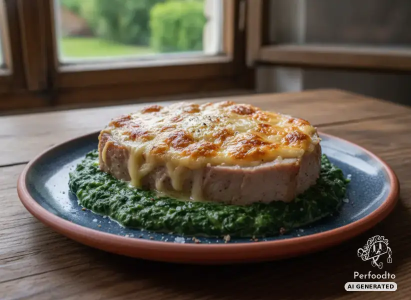 Baked pork loin with mountain cheese and creamed spinach