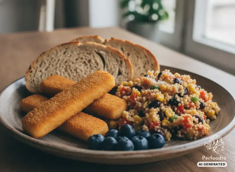 Crispy vegan fish sticks with Mexican couscous and toasted root bread