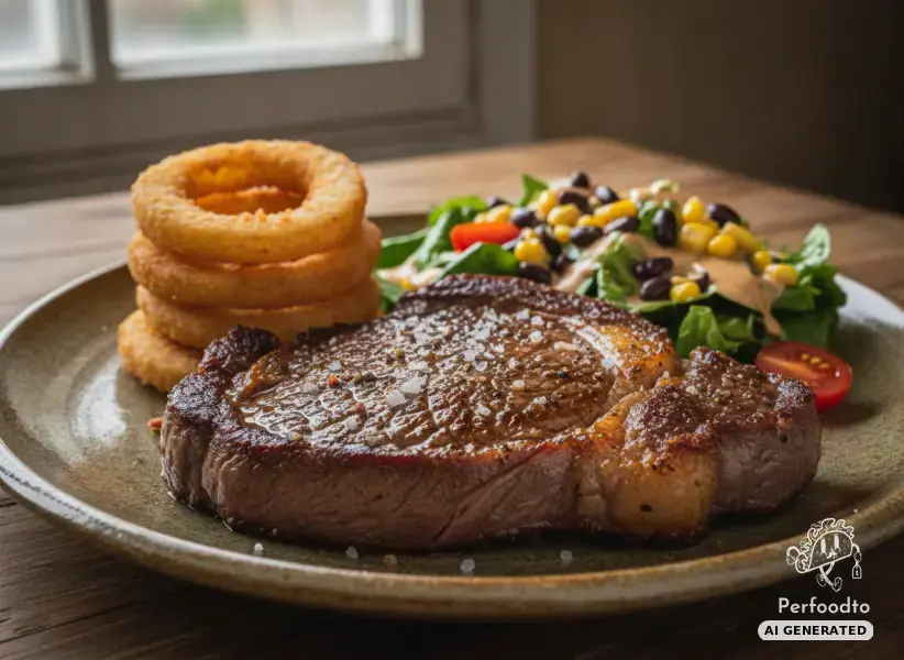 Juicy rib eye steak with crispy onion rings and BBQ salad