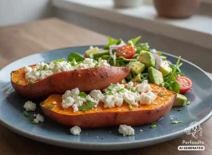 Baked sweet potato halves with feta and fresh avocado salad