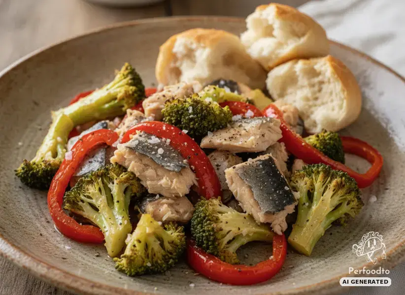Fried broccoli with mackerel and bell pepper