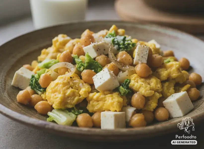 Hearty chickpea scrambled eggs with protein cheese and Chinese cabbage