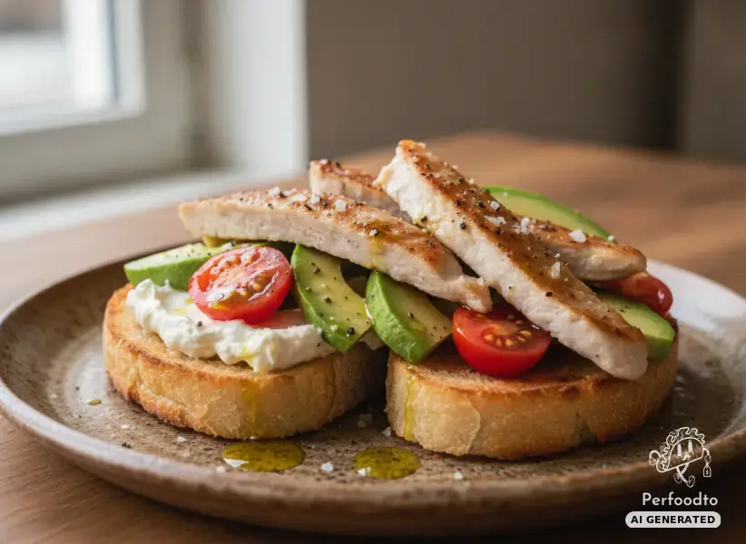 Gebratene Putenstreifen mit Tomaten und Avocado auf Ciabatta