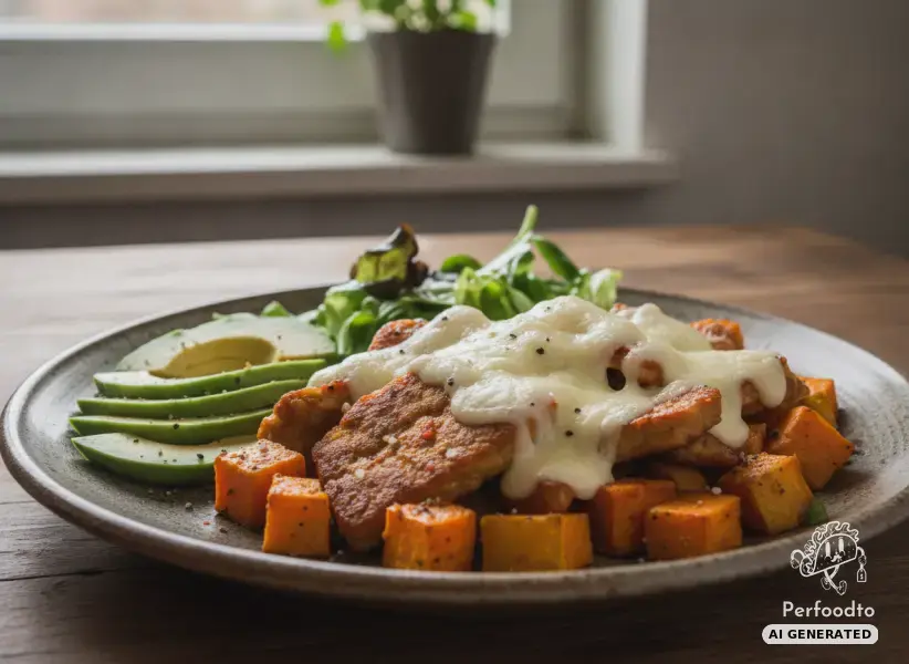Savory tempeh skillet with sweet potatoes and mozzarella