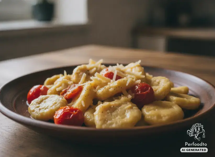 Cheese spaetzle with cherry tomatoes in a creamy cream cheese sauce