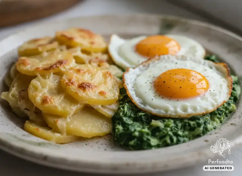 Potato gratin with creamed spinach and fried eggs