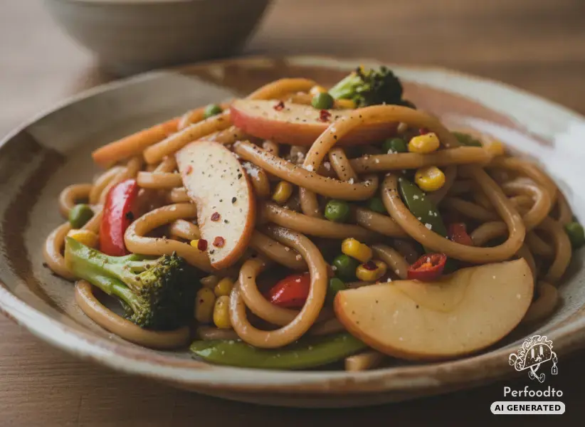 Gebratene Udon Nudeln mit buntem Gemüse und süßem Apfel
