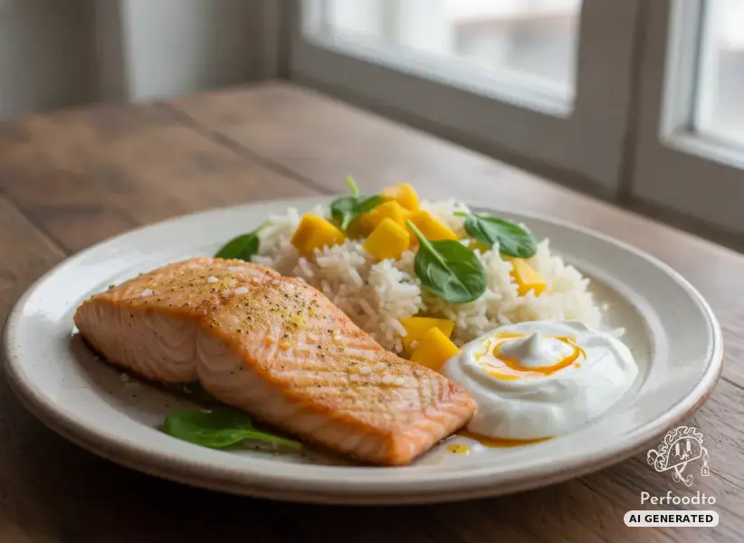 Pan seared salmon with mango and rice