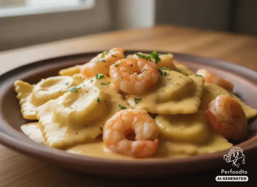Creamy Mondseer cheese sauce from the Thermomix with ravioli and shrimp