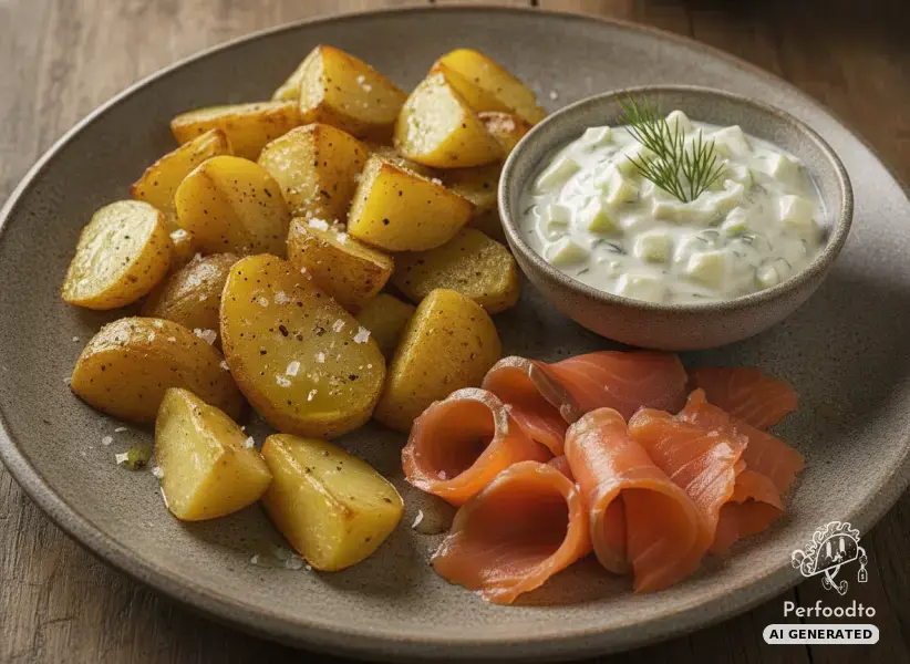 Smoked salmon with roasted potatoes and apple yogurt dip