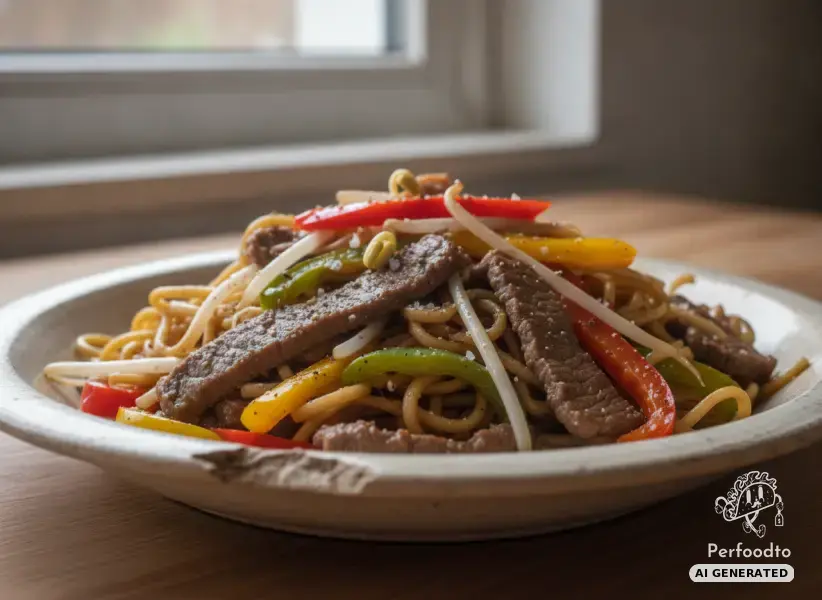 Asian beef stir-fry with wok noodles and bell peppers