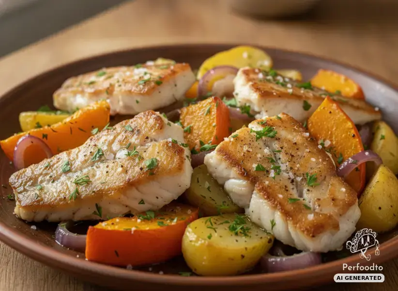 Colorful fish pan with pumpkin and roasted potatoes