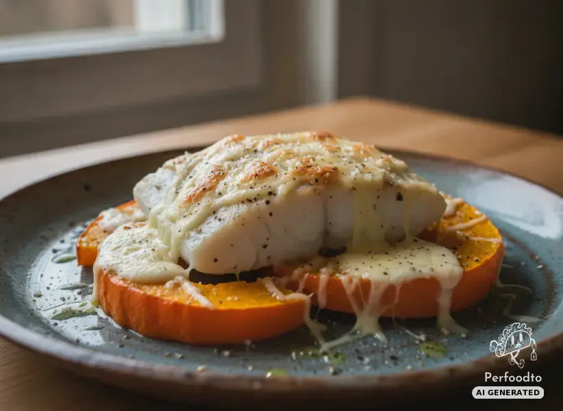 Tender cod fillet on baked Hokkaido pumpkin with mozzarella