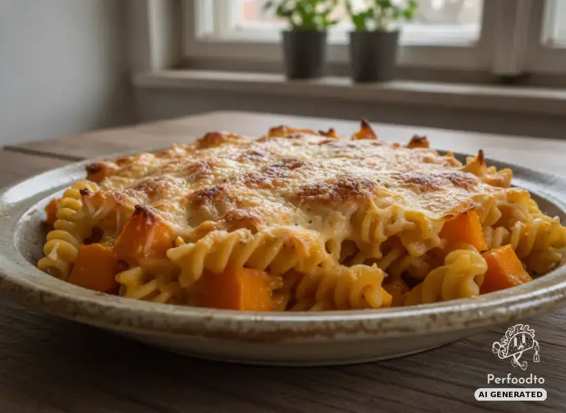Baked pasta casserole with pumpkin and savory grated cheese