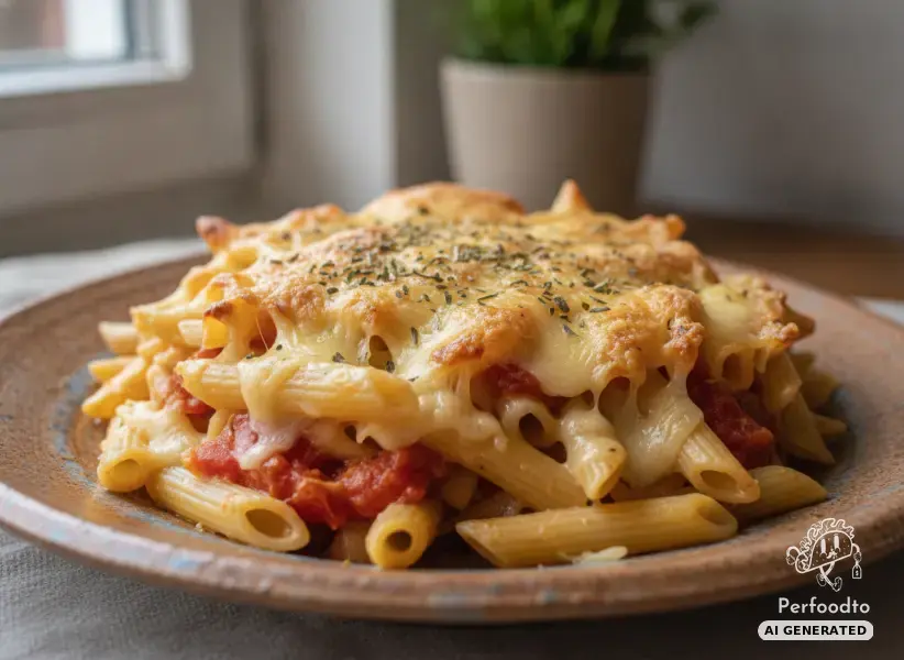 Baked pasta casserole with tomatoes and two cheeses