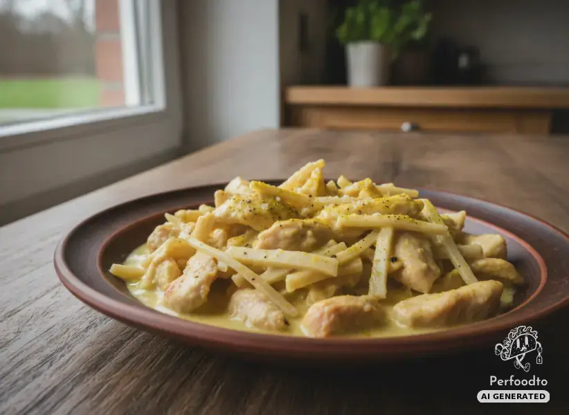 Sliced corn fed chicken in cream sauce with bamboo shoots