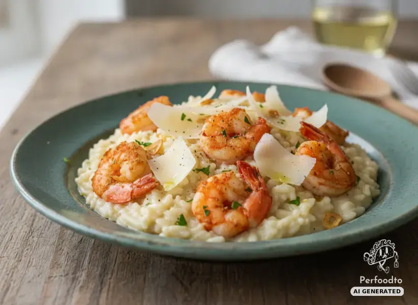 Creamy risotto with fried king prawns and parmesan
