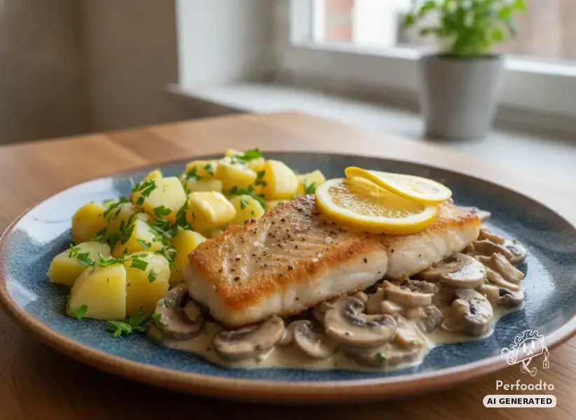 Pan-seared cod on creamed mushrooms with parsley potatoes
