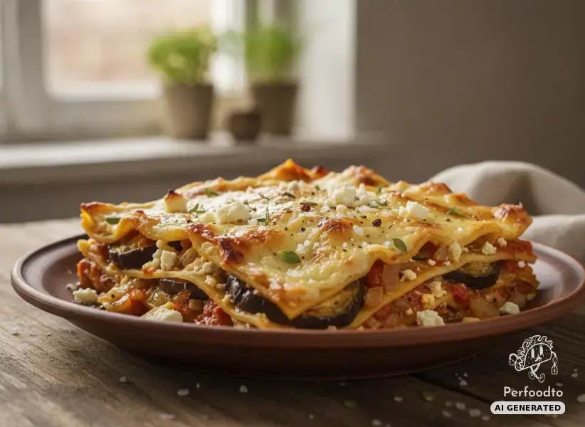 Vegetarian lasagna with fried eggplant and shepherd cheese