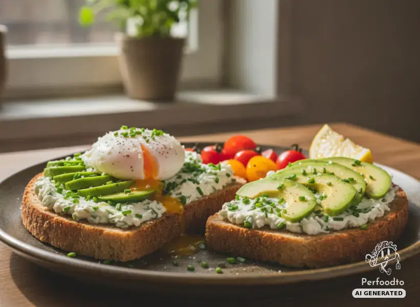 Toasted rye bread with cream cheese, avocado and egg