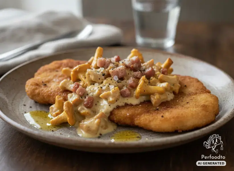 Pork schnitzel with creamy chanterelles and bacon