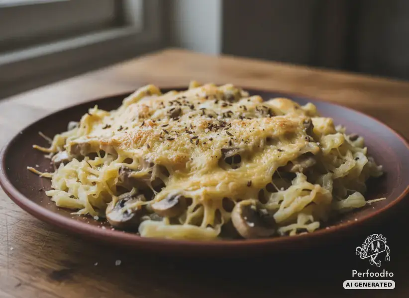 Baked white cabbage skillet with mushrooms and grated cheese