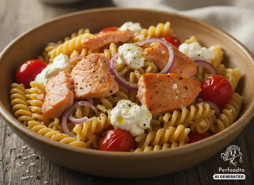 Creamy salmon pasta with snack tomatoes and cream cheese