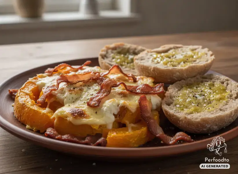 Baked organic pumpkin with crispy bacon and rye rolls
