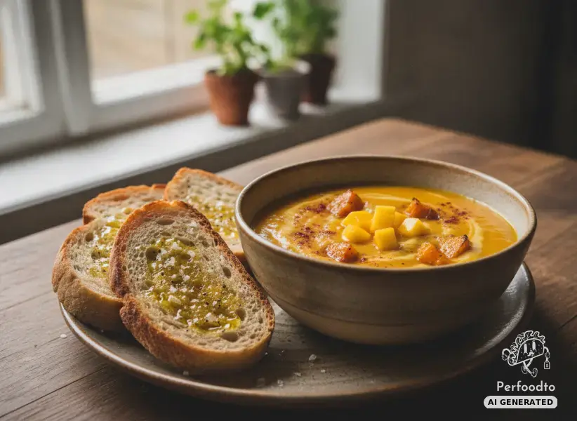 Kürbissuppe mit Mango und geröstetem Brot