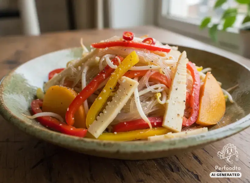 Asian glass noodle salad with bell peppers, sprouts and persimmon