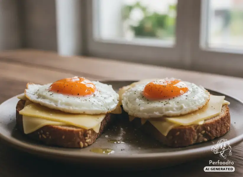 Baked bread with organic Gouda and fried eggs