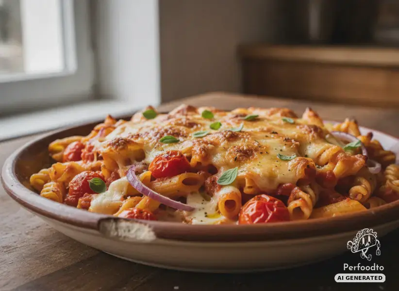 Italian baked pasta with tomatoes and mozzarella