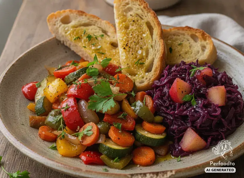 Colorful vegetable skillet with apple red cabbage and toasted crusty bread