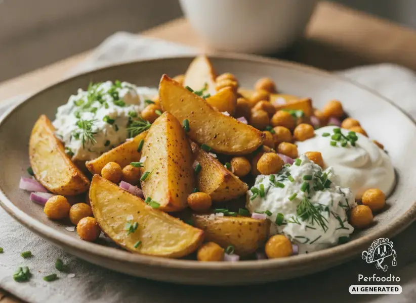 Baked potatoes with herb cream cheese and roasted chickpeas