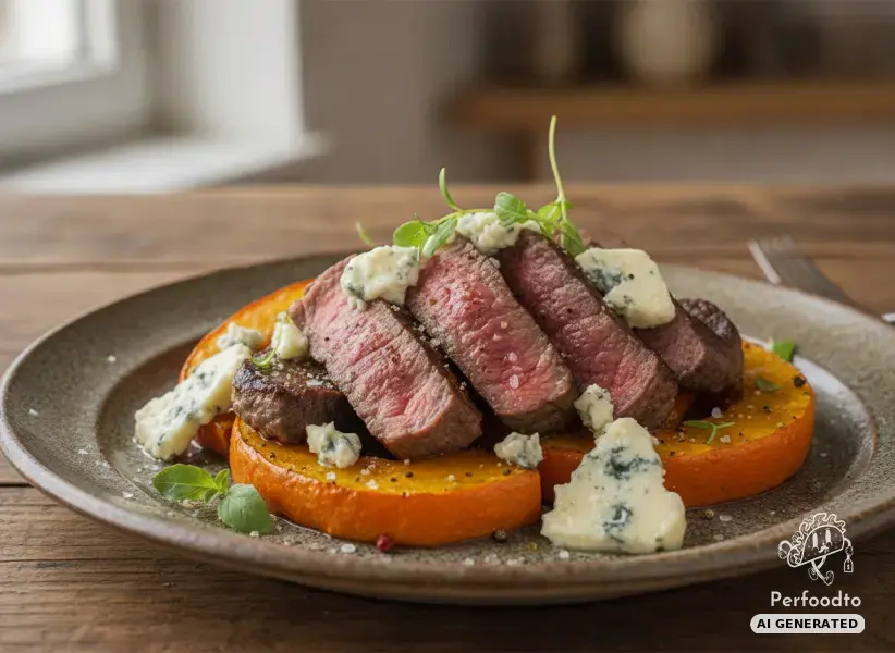 Juicy striploin steak on roasted pumpkin with gorgonzola