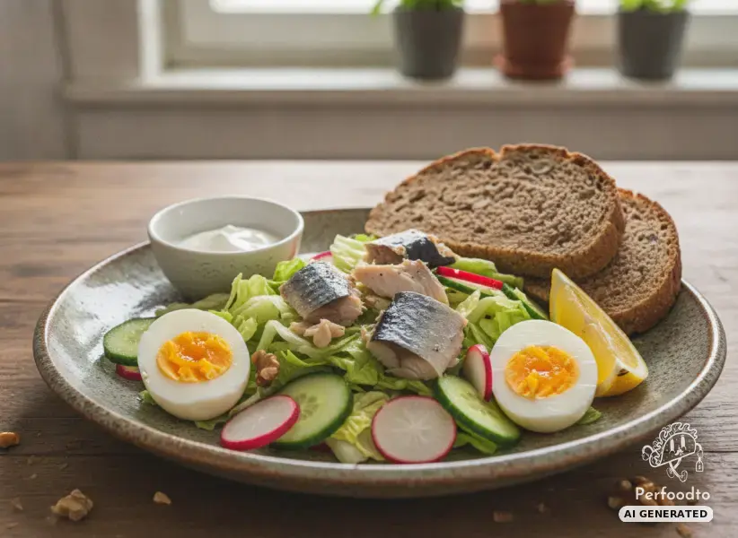 Colorful salad with smoked mackerel and egg