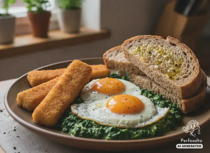Fish fingers with creamed spinach and fried egg