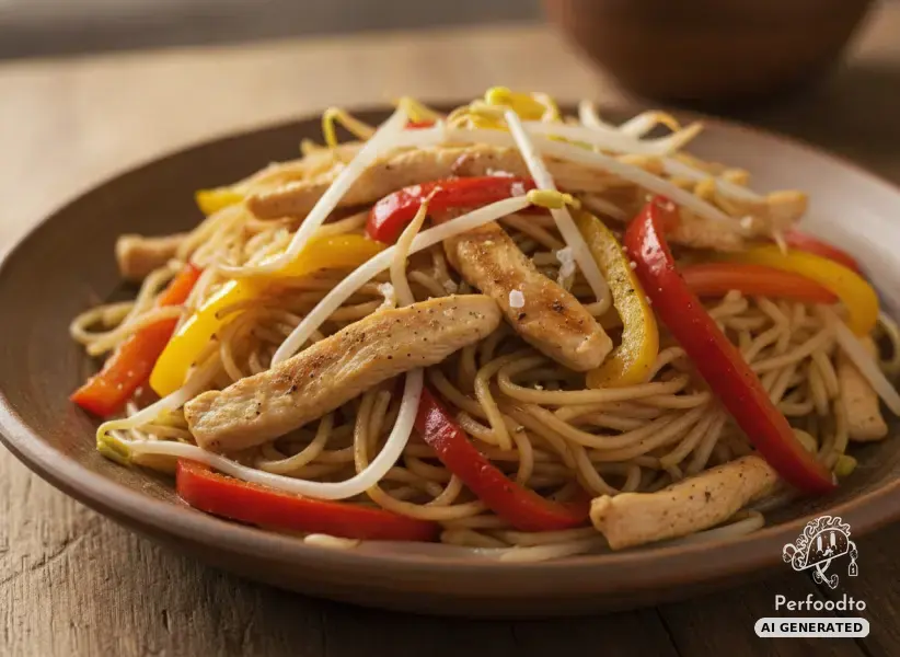 Fried Rice Noodles with Chicken Strips, Bell Peppers and Bamboo Shoots