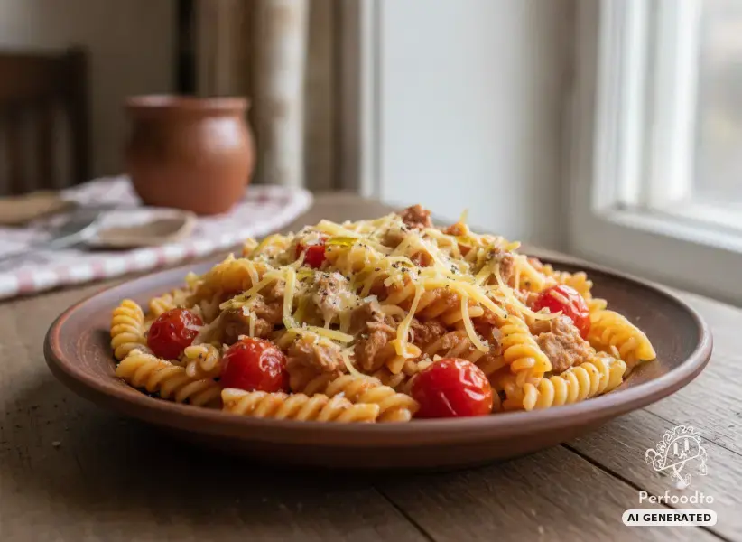 Quick tuna pasta with Datterini tomatoes and Gouda