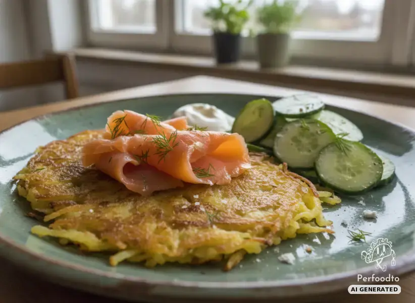 Knusprige Kartoffelrösti mit Räucherlachs und Gurkensalat