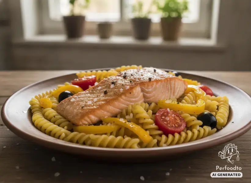 Salmon fillet with pasta, peppers and tomatoes