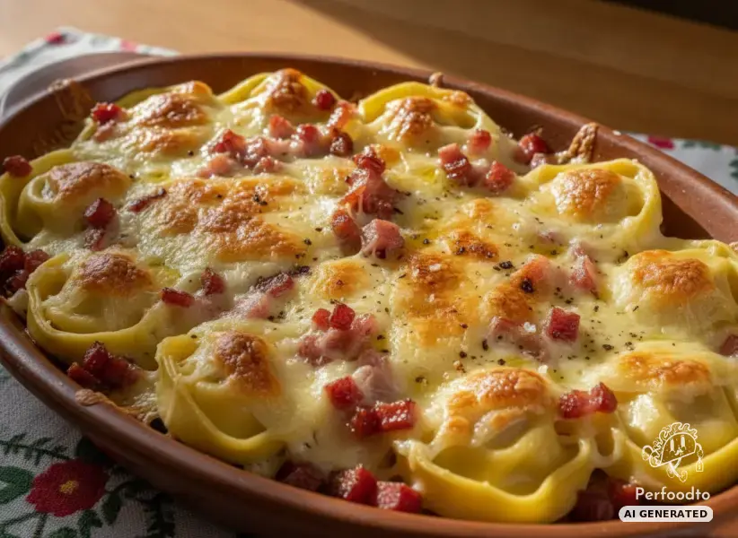 Überbackene Tortelloni mit Schinkenspeck und Käse