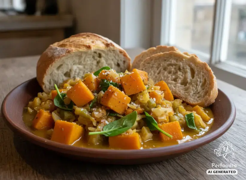 Warming pumpkin and white cabbage stew with crusty bread