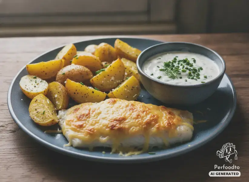 Cheese baked pollock with potatoes and yogurt dip