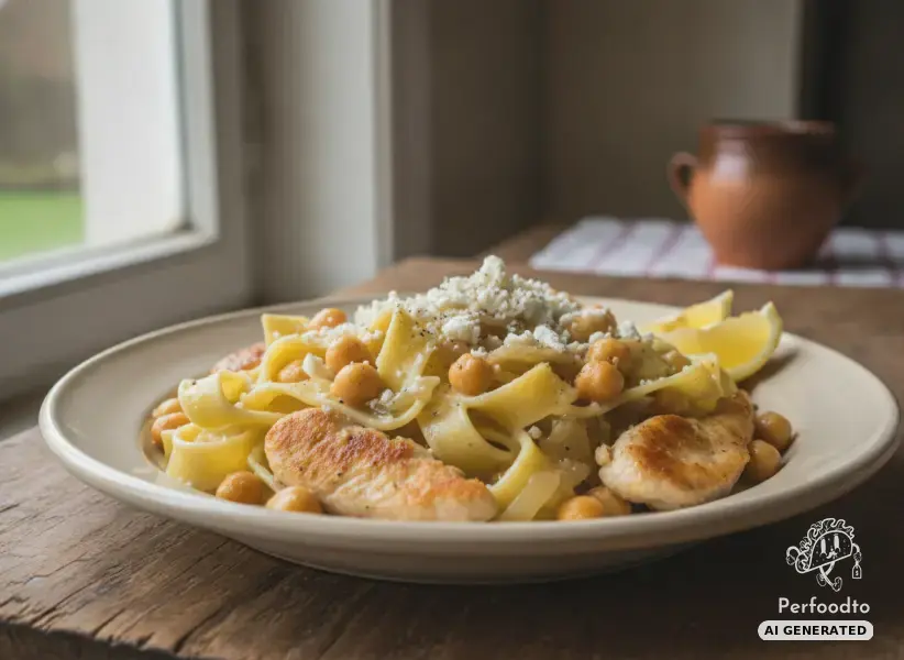 Cut ribbon pasta with chicken fillet and chickpeas in lemon sauce