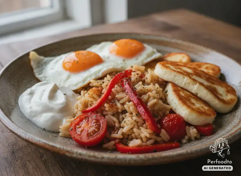Colorful rice skillet with fried soft cheese and sunny side up egg