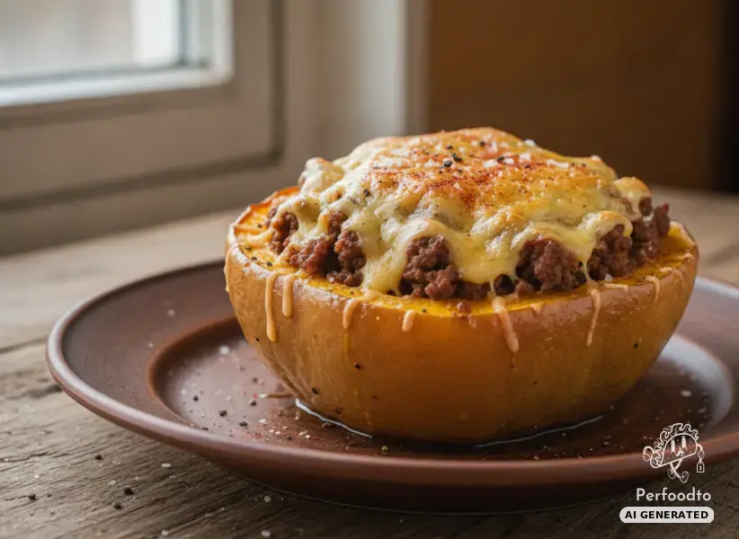 Gefüllter Butternusskürbis mit Faschiertem und Käse